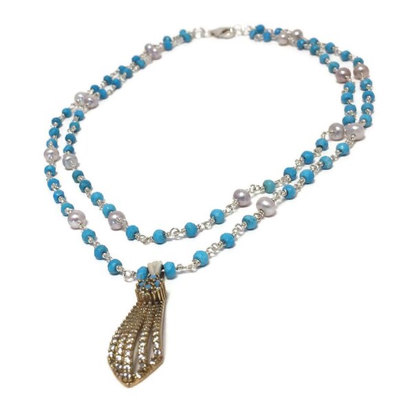 Two Strands Turquoise, And Silver Pearl Necklace With Pendant - Picture 1 of 2